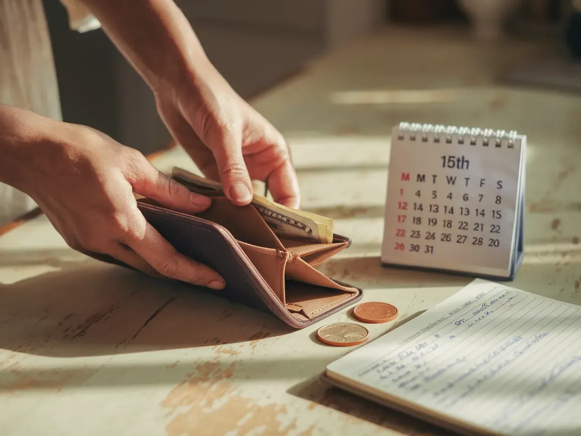 Mãos segurando carteira sobre mesa com calendário marcado no dia 15 e notebook com anotações financeiras.