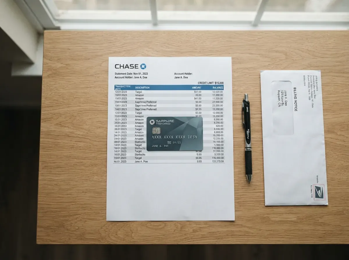 Cartão de crédito físico sobre extrato bancário com limite disponível visível, composição top-down mostrando o ciclo de limite zerado e reabertura