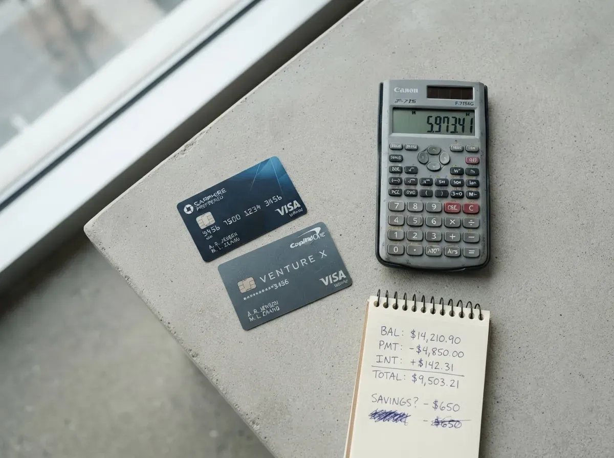 Dois cartões de crédito, calculadora com números e caderno com cálculos sobre superfície cinza, comparação de limites