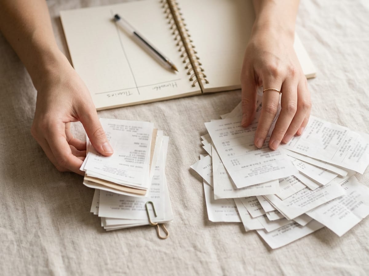 Mãos femininas separando recibos em duas pilhas sobre superfície de linho, caderno aberto com duas colunas manuscritas ao fundo