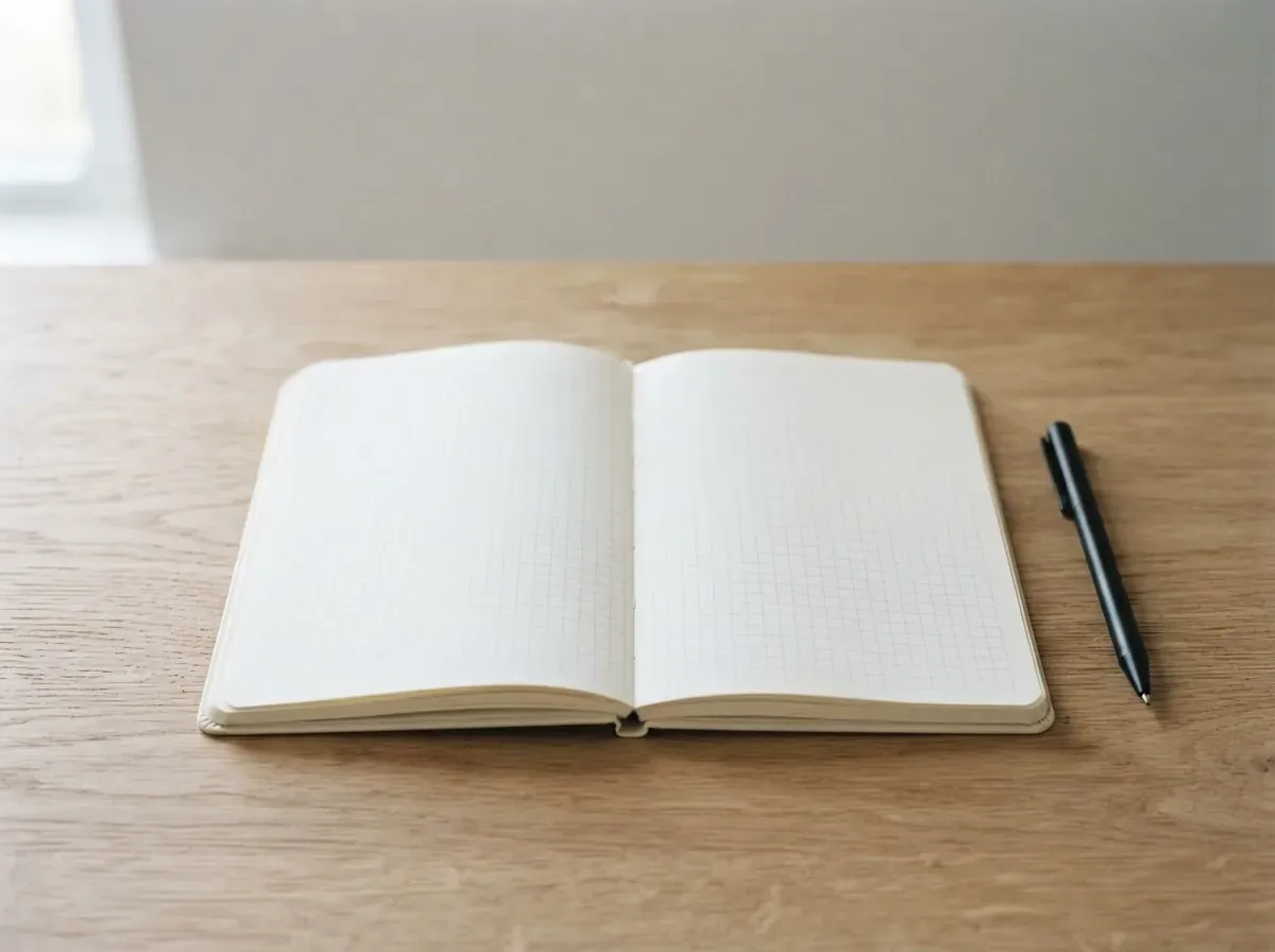 Notebook aberto com caneta em superfície neutra, luz natural suave, composição minimalista de planejamento.