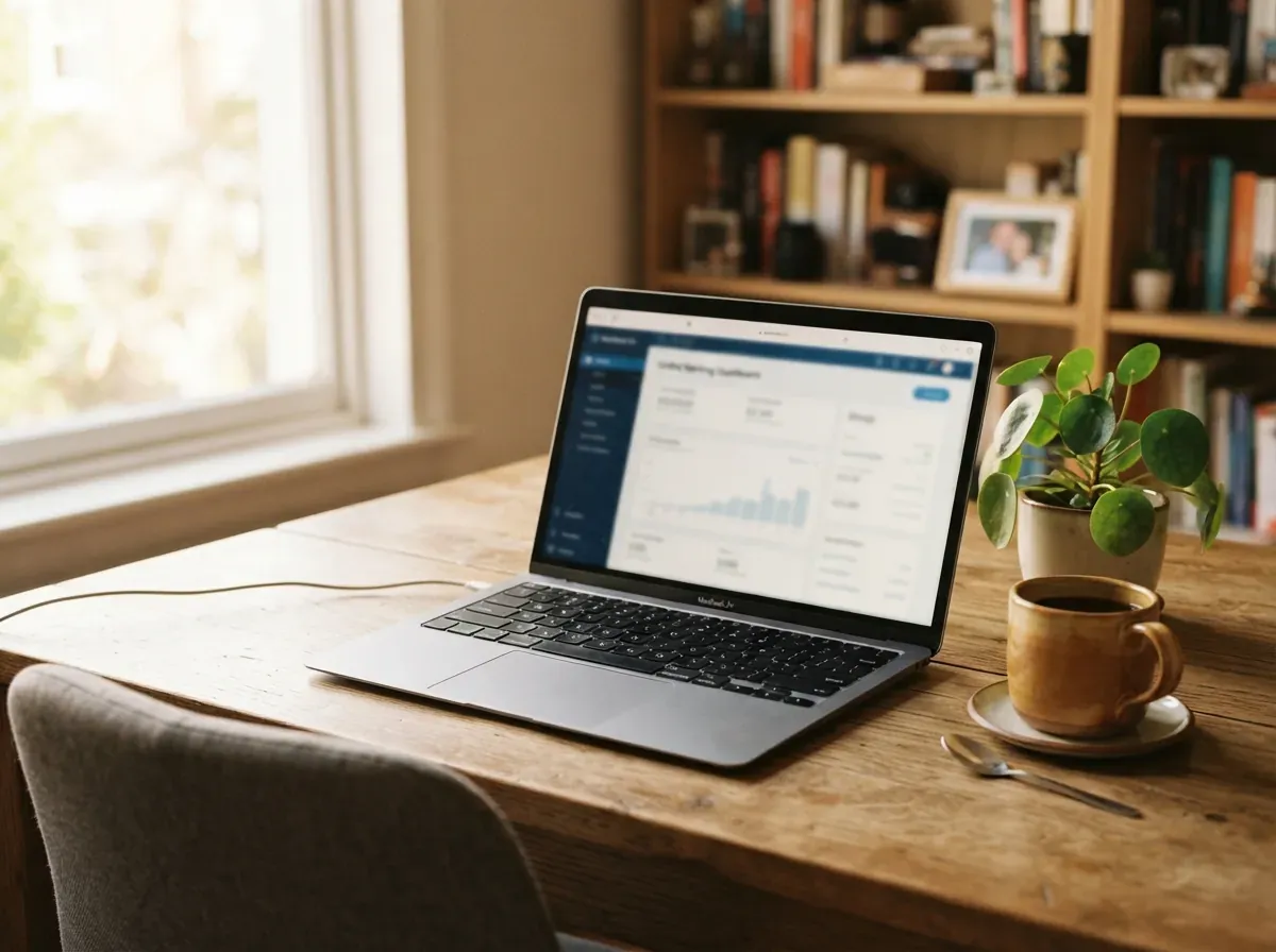 Laptop aberto em mesa de escritório doméstico com plantas ao fundo, tela desfocada mostrando interface de aplicativo bancário
