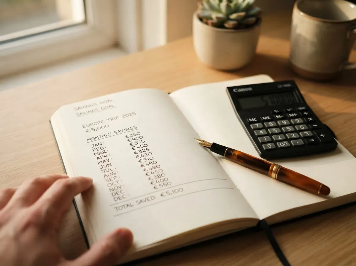 Notebook aberto com cálculos e metas anotadas à mão, calculadora ao lado, pena descansando sobre a página, iluminação natural suave