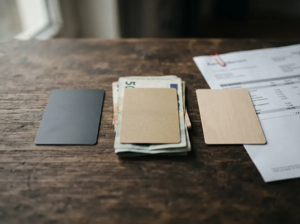 Três cartões diferentes lado a lado sobre uma mesa, um pré-pago, um sobre notas de dinheiro representando garantia por depósito, e um ao lado de um extrato bancário.