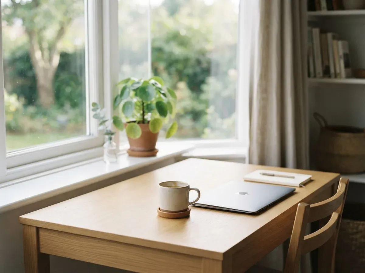 Mesa organizada e calma com iluminação natural suave, superfície neutra, plantas ao fundo desfocadas.