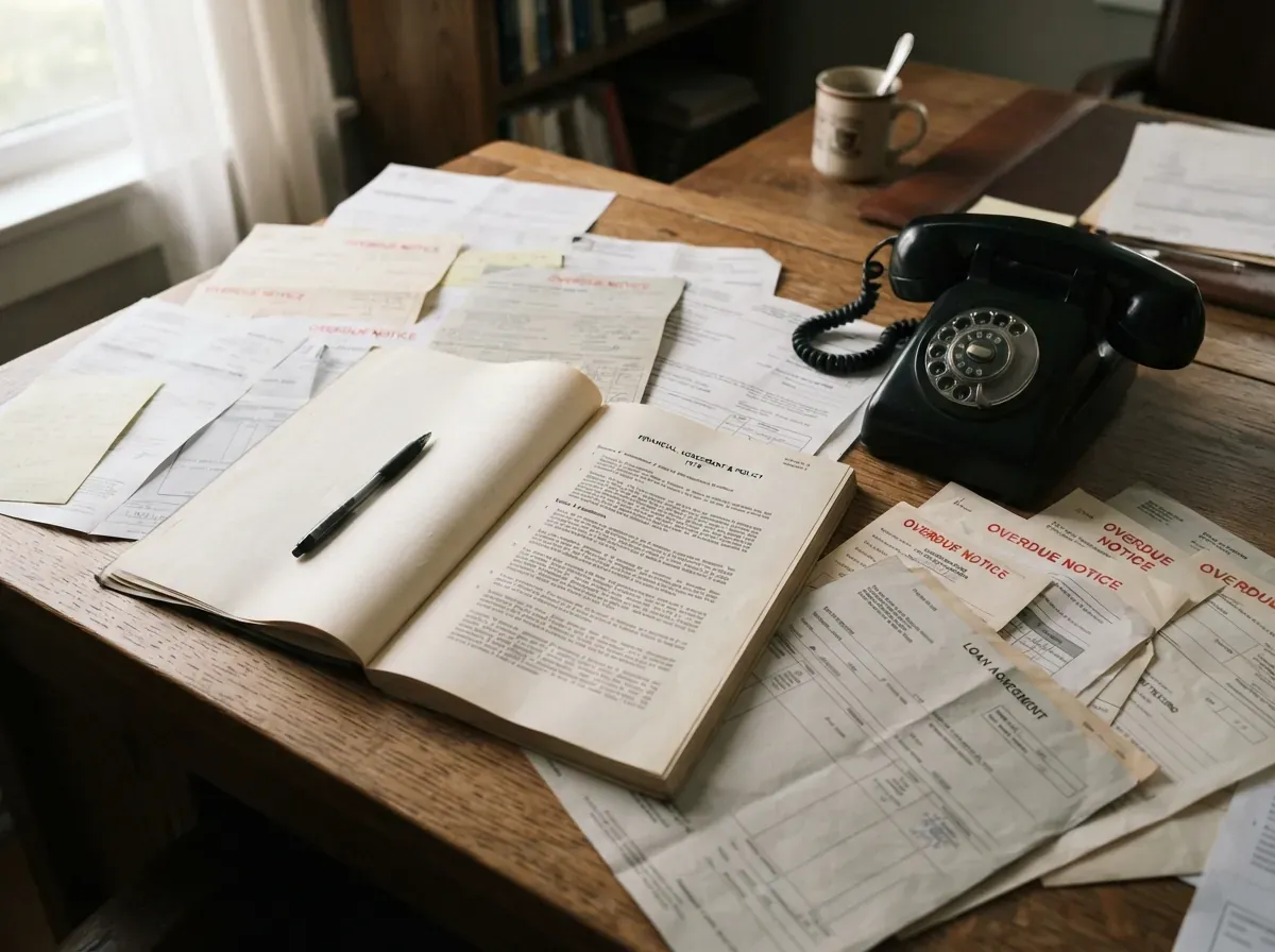 Mesa de trabalho com papéis de contrato, telefone antigo, e documentos de cobrança espalhados, em iluminação natural de janela