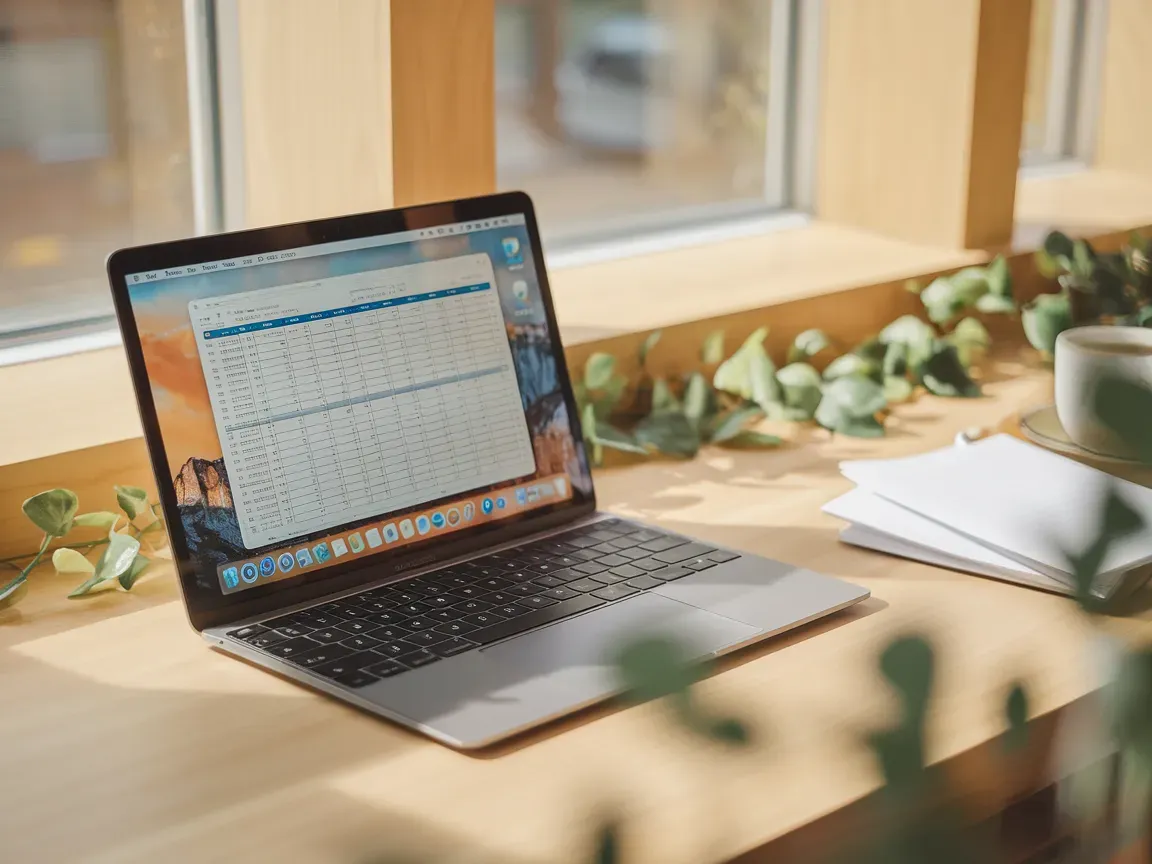 Planilha organizada em laptop com dados bem distribuídos, xícara de café ao lado, páginas de caderno em branco, planta verde na borda, luz da tarde clara.