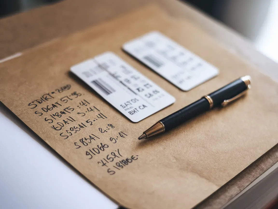 Três cartões de crédito parcelas espalhados sobre papel com números de parcela anotados, caneta, e notas manuscritas. Visualização de como registrar compras parceladas corretamente.
