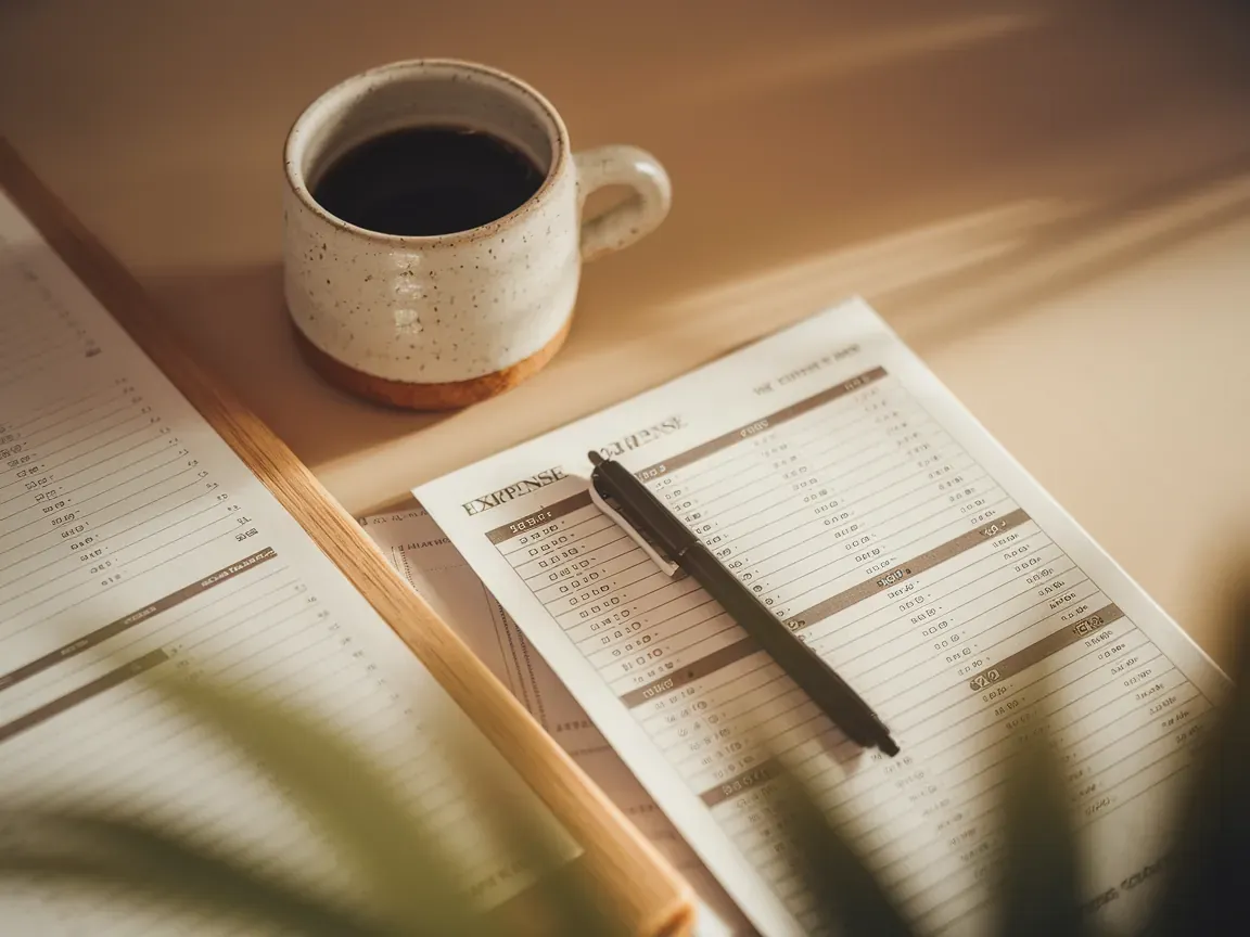 Planilha de controle financeiro manuscrita em mesa de madeira com caneta e xícara de café