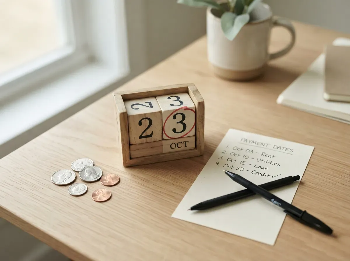 Bloco de calendário com data circulada ao lado de uma lista numerada de datas de pagamento, caneta sobre a mesa — a sequência do mês decidida antes do salário entrar