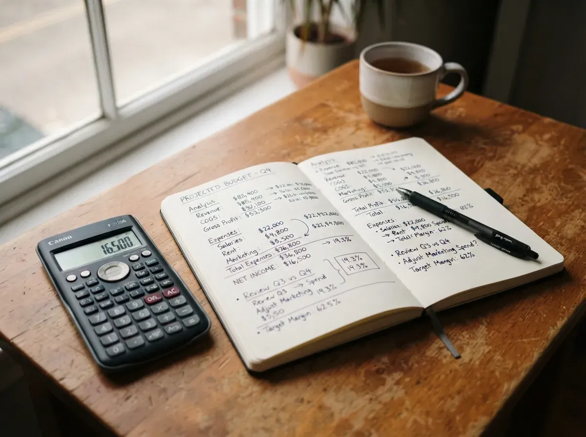 Close-up de calculadora e caderno com cálculos e números anotados à mão, mostrando comparação de taxas