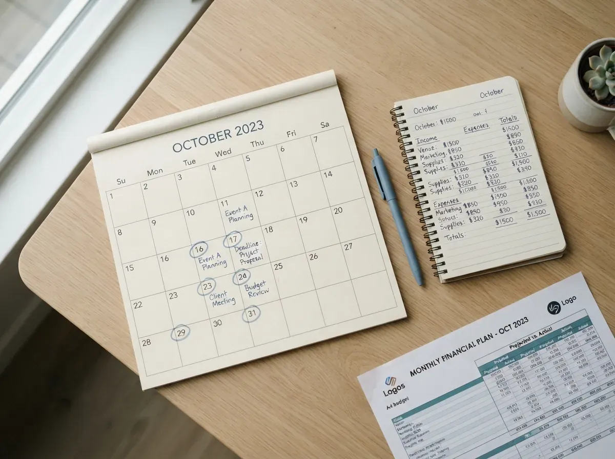 Calendário com dias marcados em sequência, anotações numéricas manuscritas e planilha impressa ao lado, vista de cima de mesa clara com luz natural