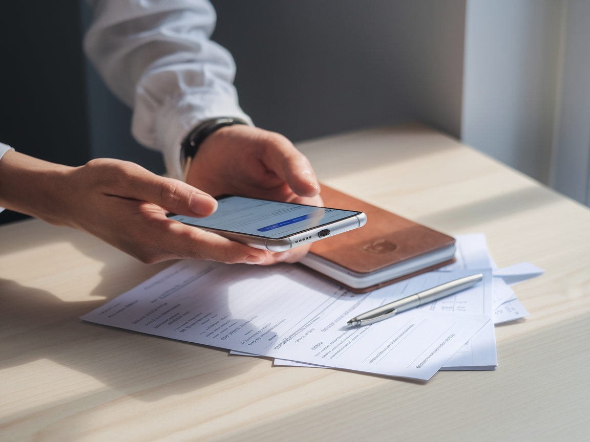 Mãos segurando smartphone com aplicativo ou nota aberta, caneta próxima a um pequeno caderno sobre mesa com outros documentos financeiros