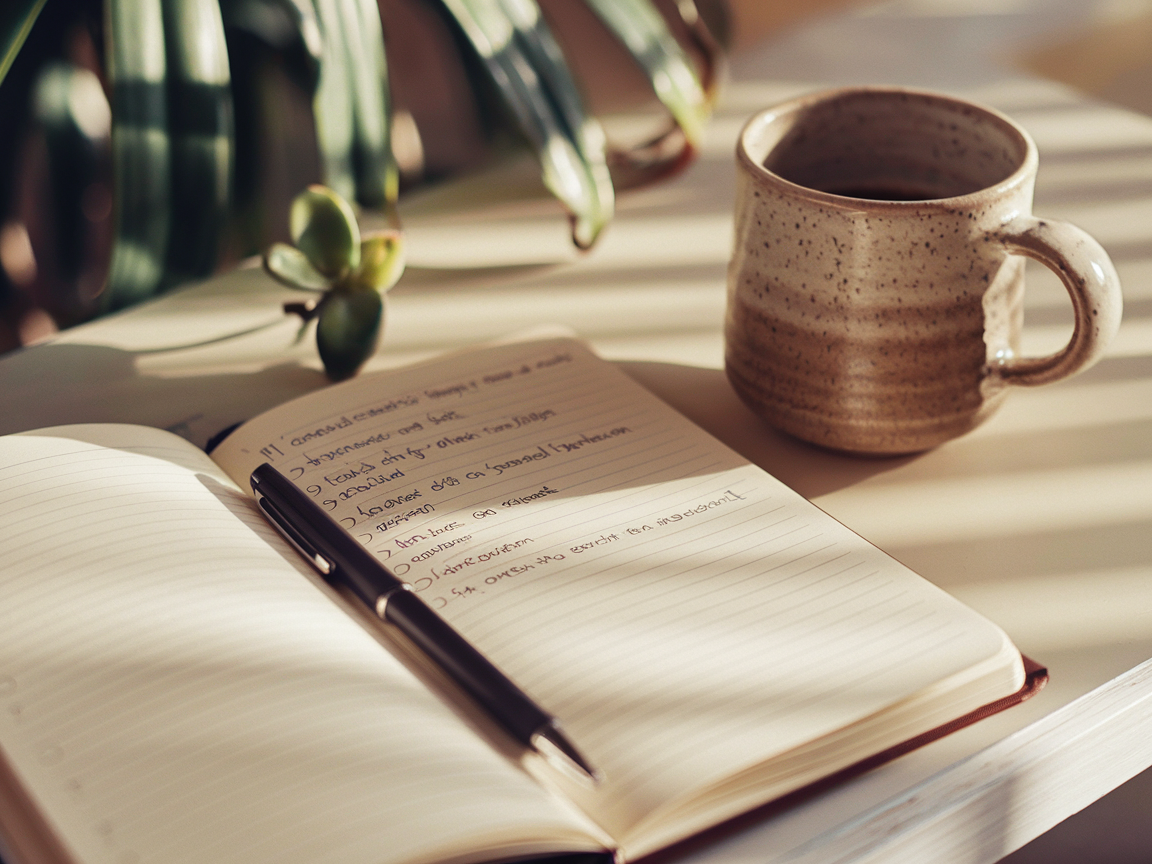 Notebook aberto com regras de categorização escritas à mão, caneta preta sobre a página, xícara de café de cerâmica ao fundo, representando decisão calmosa e planejada.