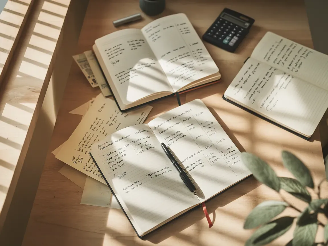 Três cadernos abertos com anotações de gastos em uma mesa de madeira, mostrando diferentes tentativas de organização com notas manuscritas