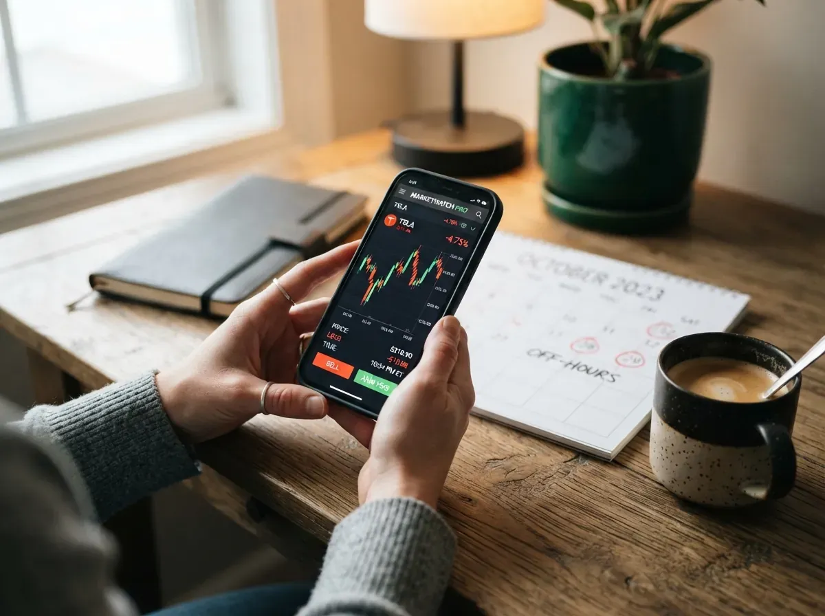 Mãos segurando smartphone com app de banco, calendário fora de foco marcando data fora do expediente, xícara de café