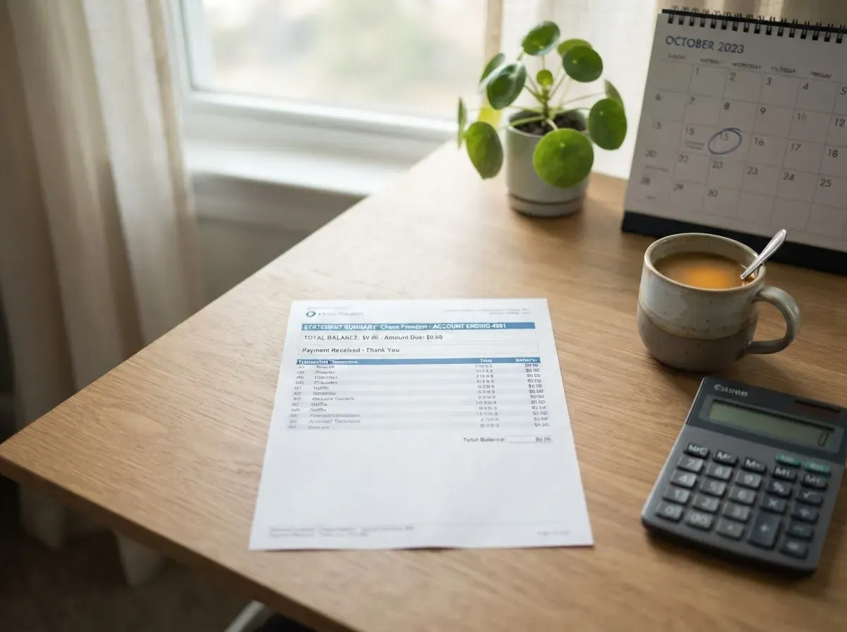 Extrato de cartão ou notificação bancária sobre mesa ao lado de calculadora e xícara de café, calendário com data circulada ao fundo desfocado.