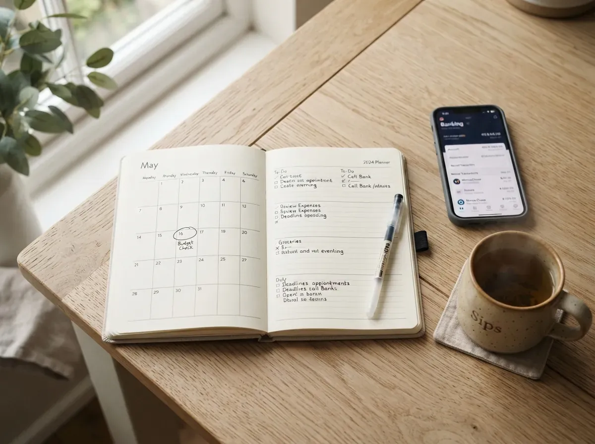 Planner de papel aberto sobre a mesa com uma data recorrente circulada, celular com aplicativo bancário desfocado ao lado.