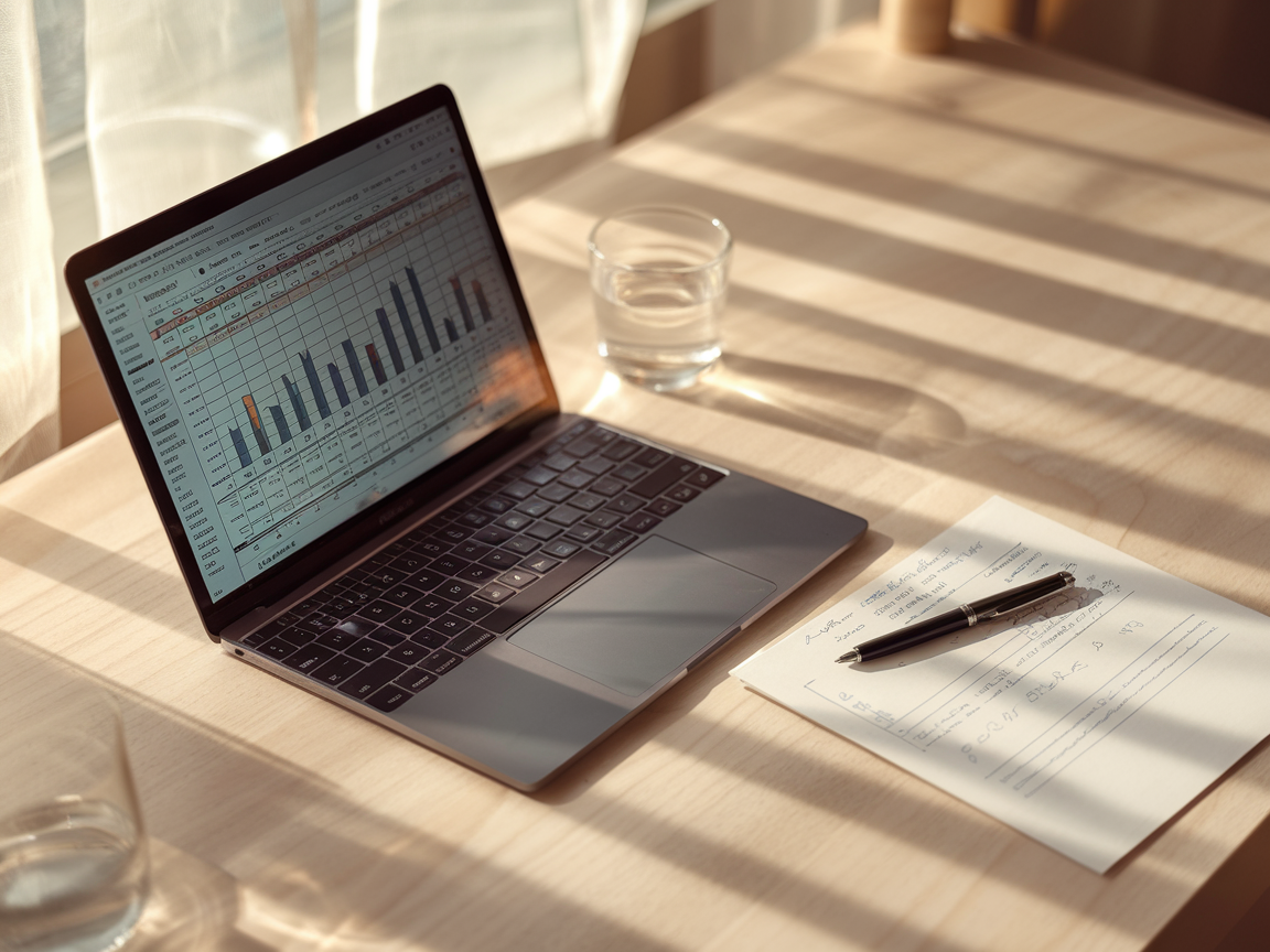 Planilha aberta num notebook com gráficos e números visíveis, caneta apontando para dados, ao lado de anotações em papel sobre mesa clara