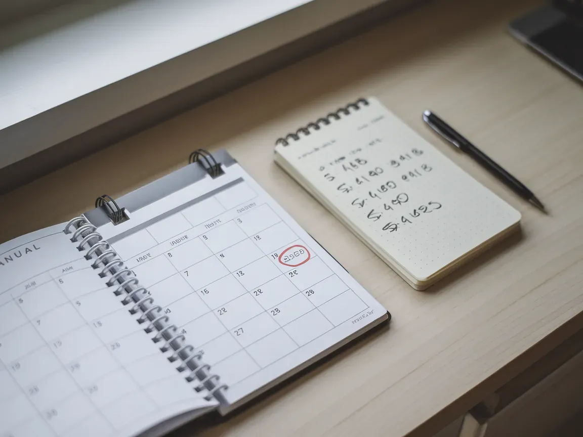 Calendário anual marcando data de revisão anual, anotações de valores guardados em caderno aberto, caneta ao lado, mesa de trabalho clara.