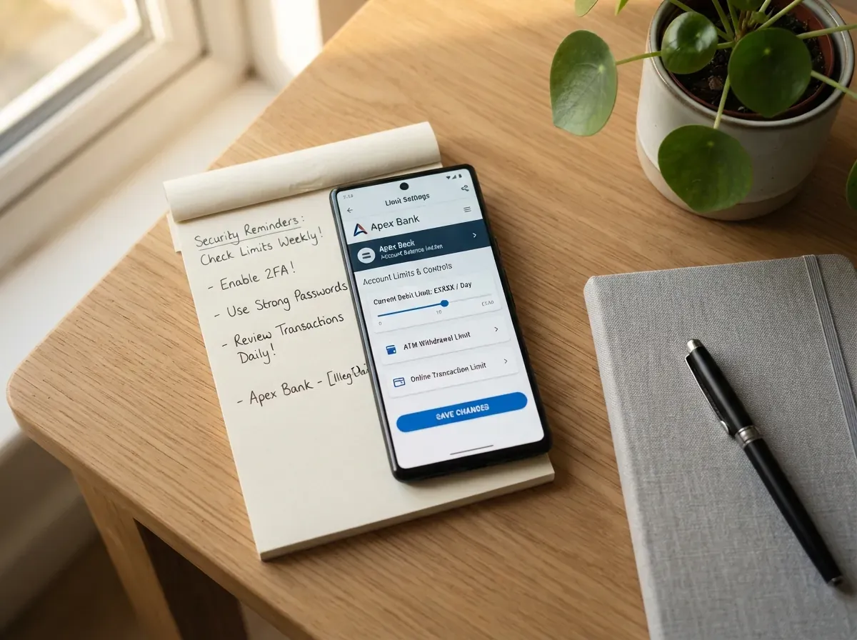 Smartphone mostrando app bancário com opção de ajuste de limite, mesa com notas e caderno de segurança, luz natural morna.