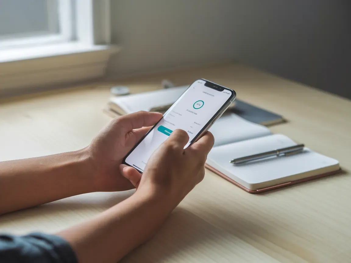 Mãos transferindo valor de uma conta para outra via smartphone, aplicativo bancário visível na tela, ambiente doméstico ao fundo.