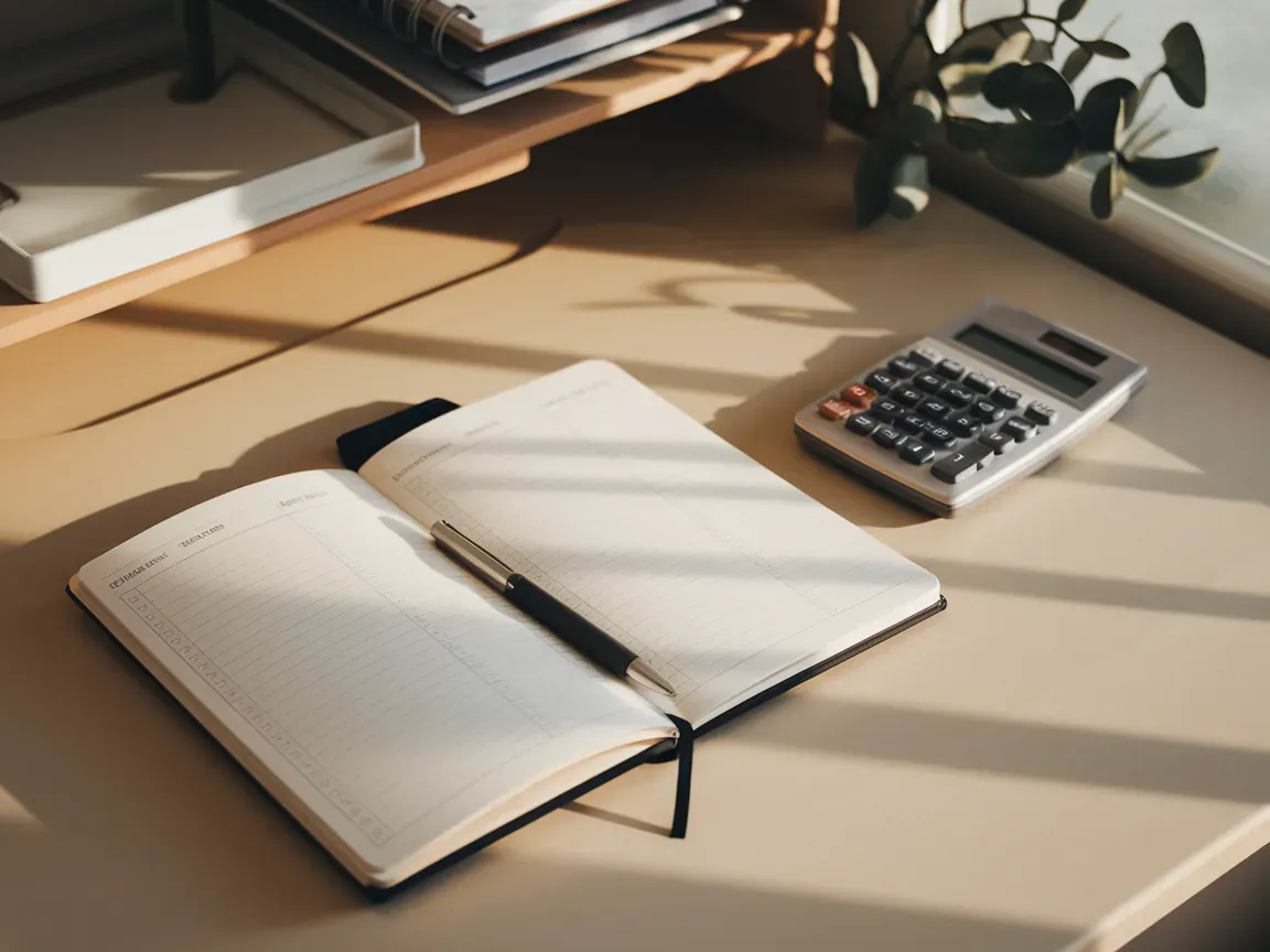 Caderno aberto com layout minimalista de controle de gastos, caneta simples e calculadora sobre mesa, iluminação natural de janela