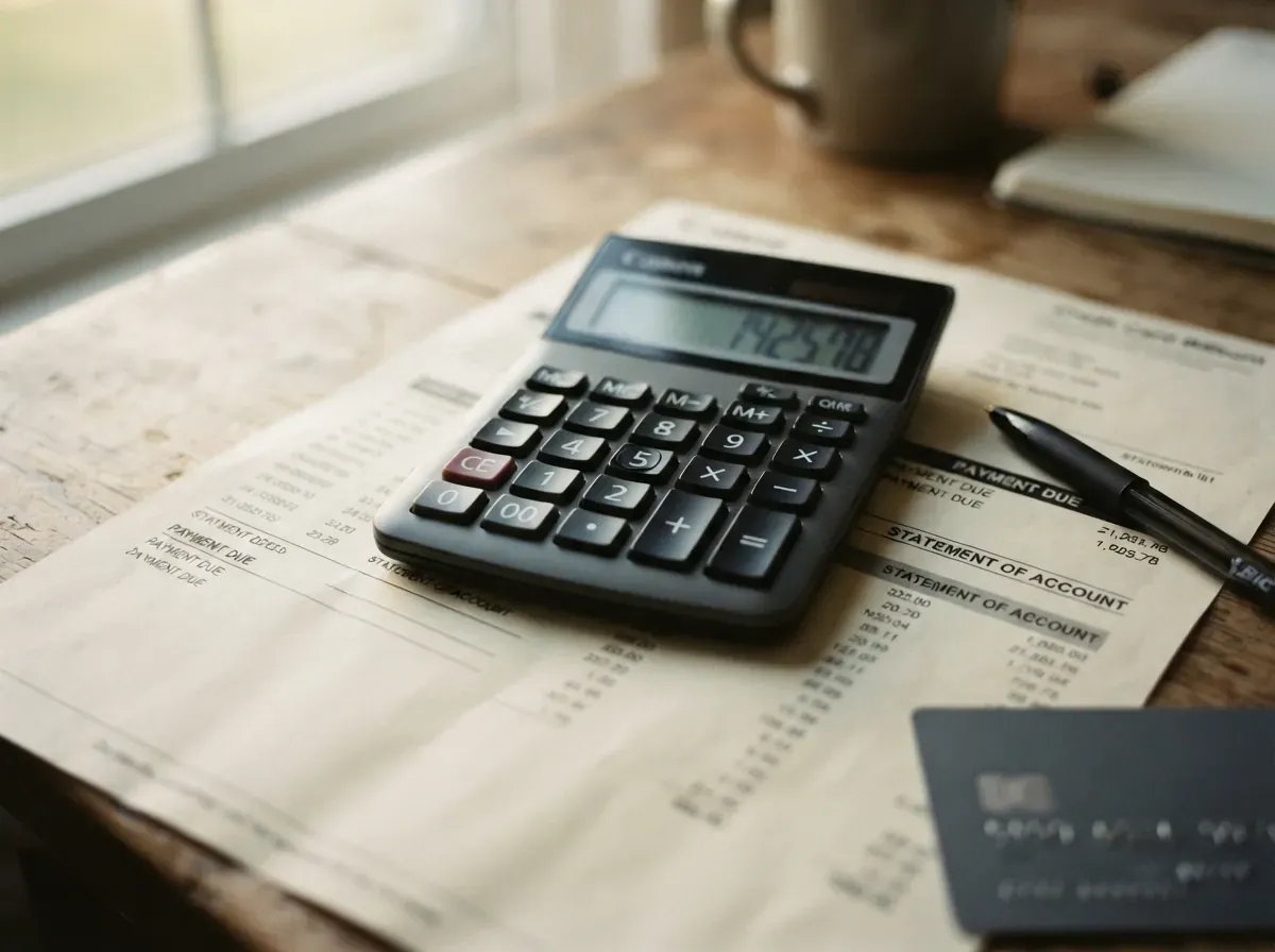 Calculadora sobre uma fatura de cartão de crédito aberta, com os números desfocados, e um cartão parcialmente visível ao lado.