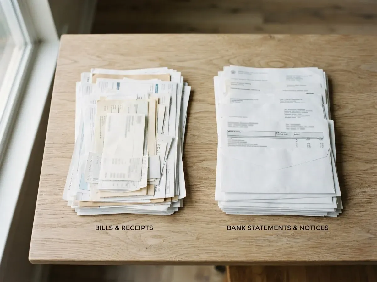 Documentos financeiros organizados em duas pilhas distintas sobre superfície neutra.