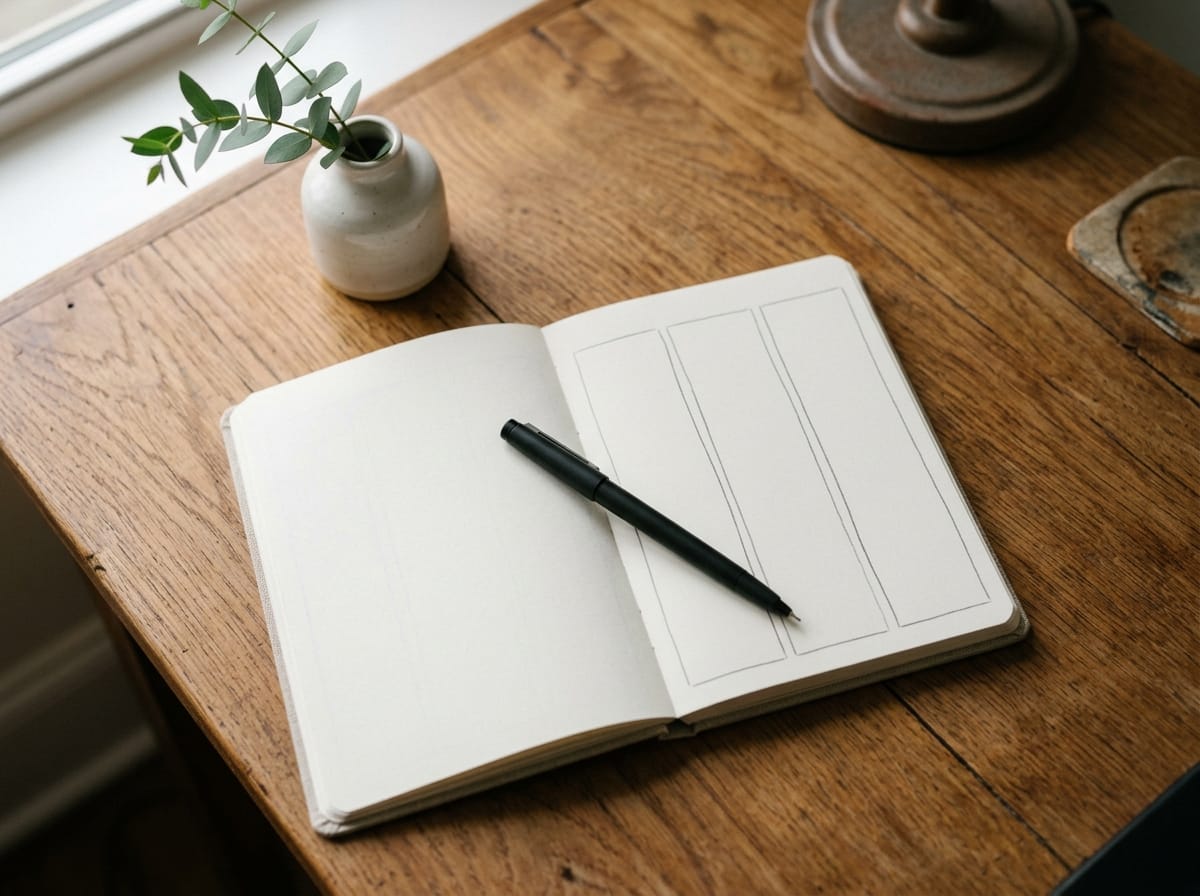 Caderno aberto com três divisões claras desenhadas à mão sobre mesa de madeira, mostrando a simplicidade do método de 3 categorias