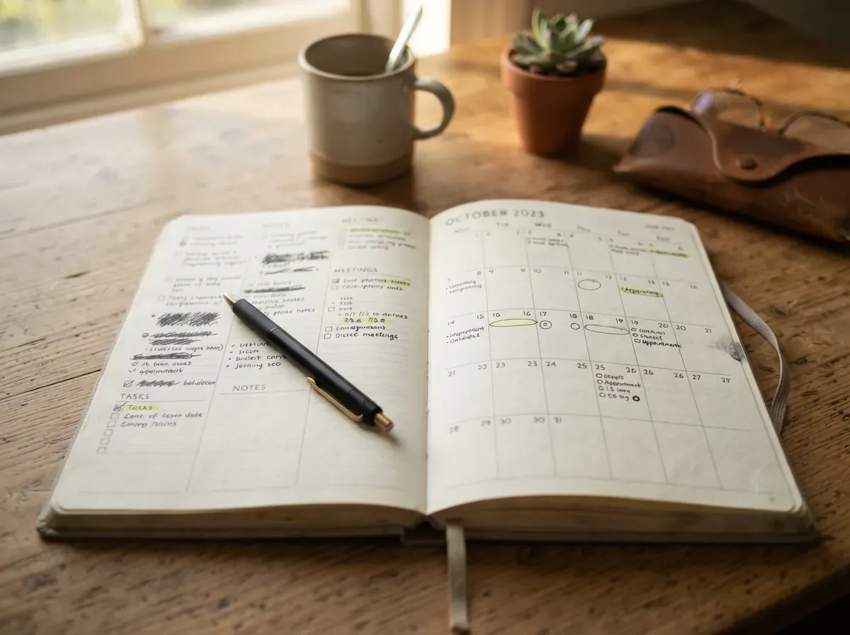 Caderno de planejamento aberto com anotações em três colunas, caneta, calendário, organizando decisão sobre cartão