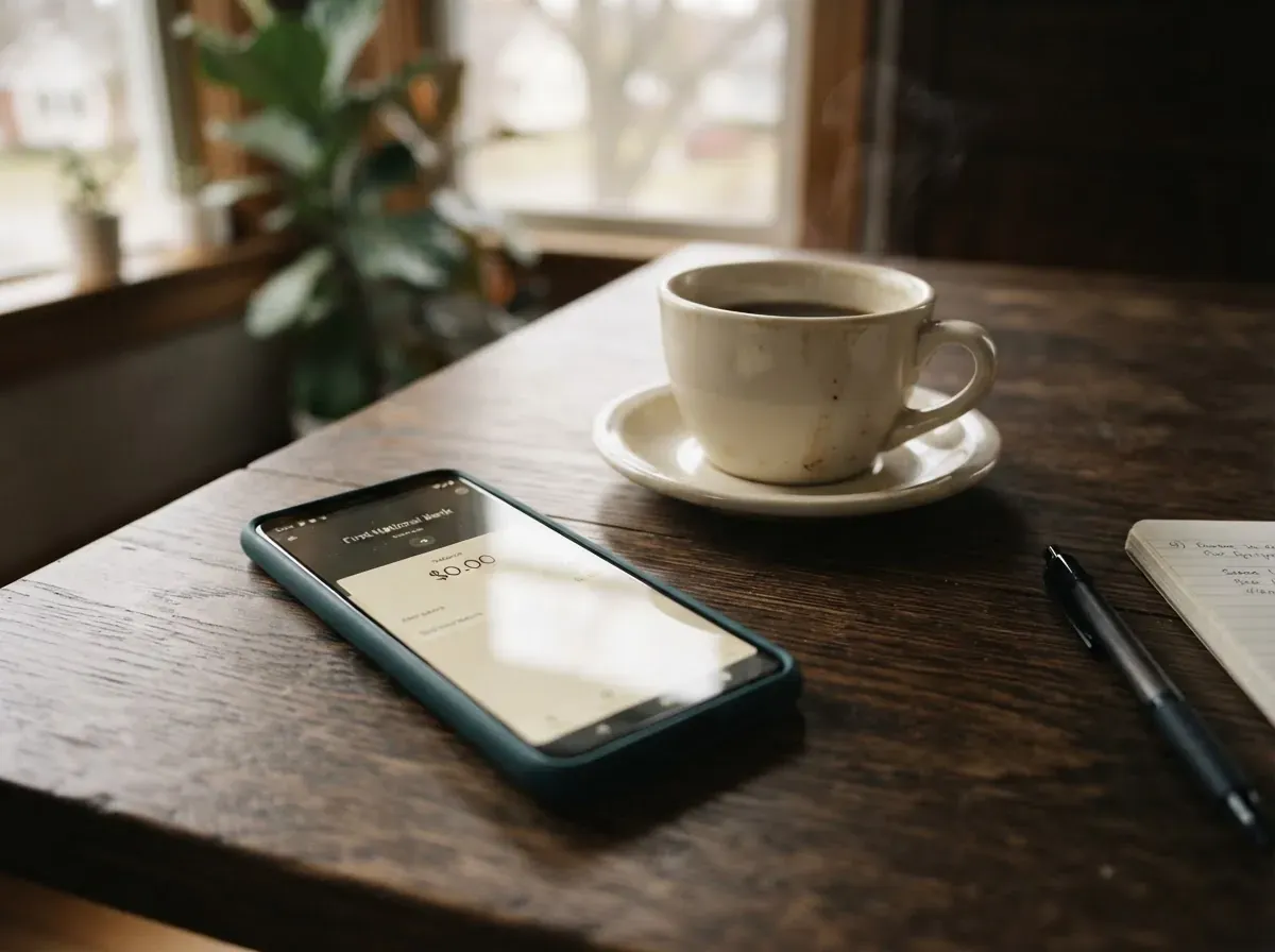 Smartphone sobre mesa de madeira mostrando tela de app bancário com saldo zerado, café e caneta ao lado, iluminação natural de janela
