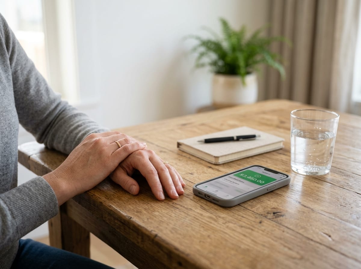Mãos repousando sobre mesa organizada com smartphone mostrando saldo positivo.