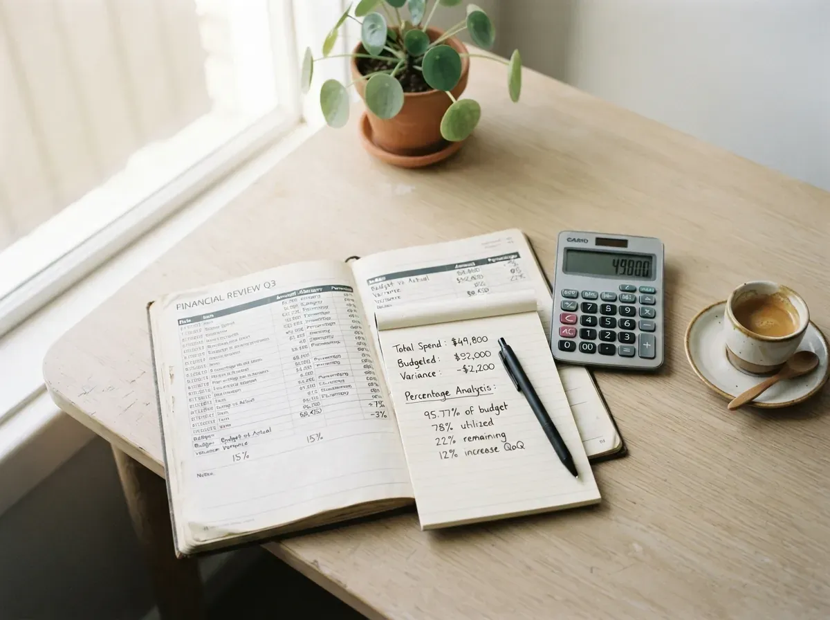 Handwritten financial calculations and percentage notes on a spreadsheet with a pen and calculator, representing the comparison process between investment options.