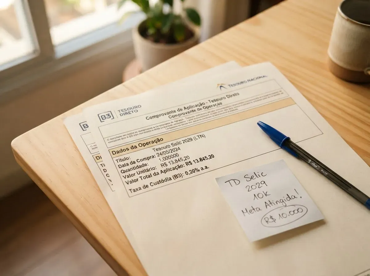 Official Tesouro Direto document with custodial fee information and a handwritten note showing the R,000 exemption threshold.