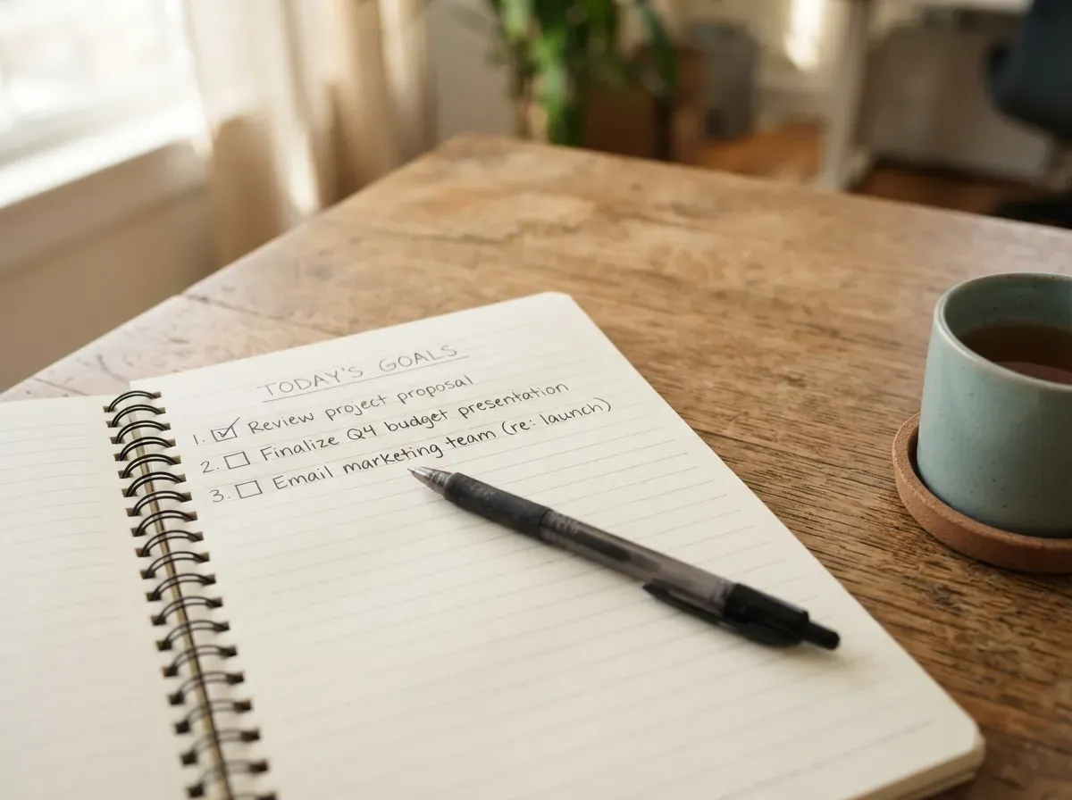 Handwritten checklist on an open notebook with a pen and mug on a wooden desk, representing the practical steps to decide between CDB and Tesouro Selic.