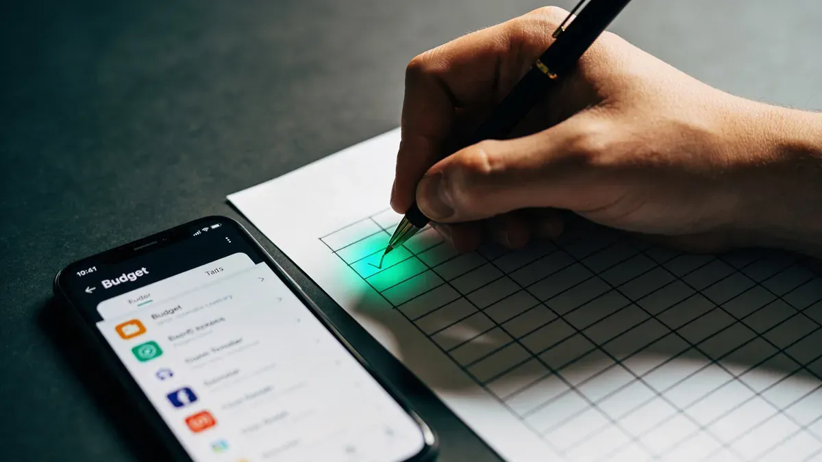 Smartphone exibindo lista de categorias de app de controle financeiro, borrado parcialmente, ao lado de mão desenhando grade em papel em branco, com contraste dramático e acento verde vibrante