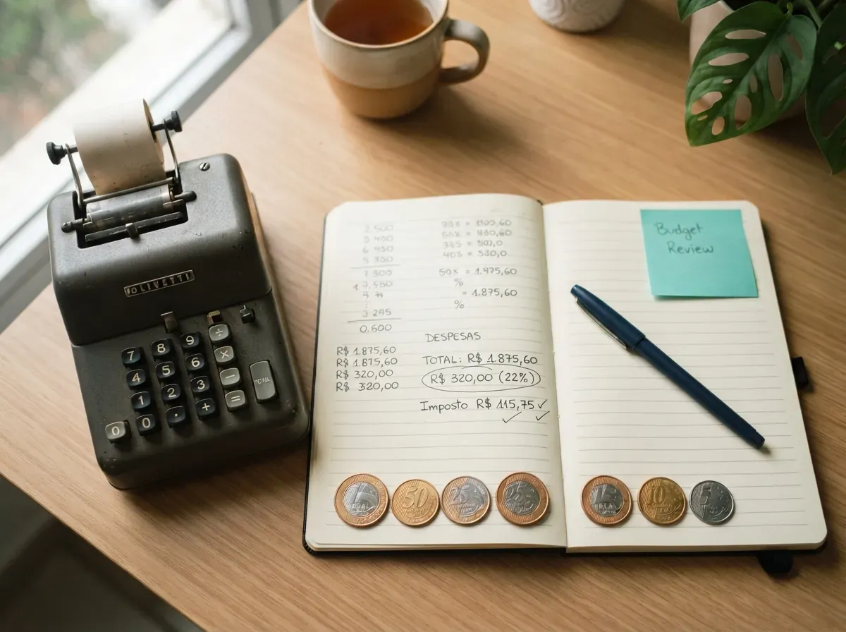 Calculadora e caderno aberto com anotações de percentuais e moedas brasileiras.