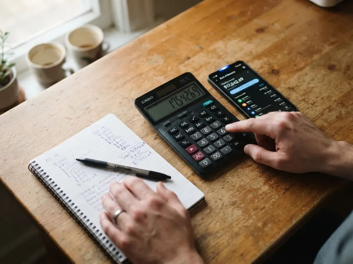 Calculadora com números, smartphone aberto mostrando app bancário, e bloco de notas com cálculos manuscritos sobre mesa de madeira.