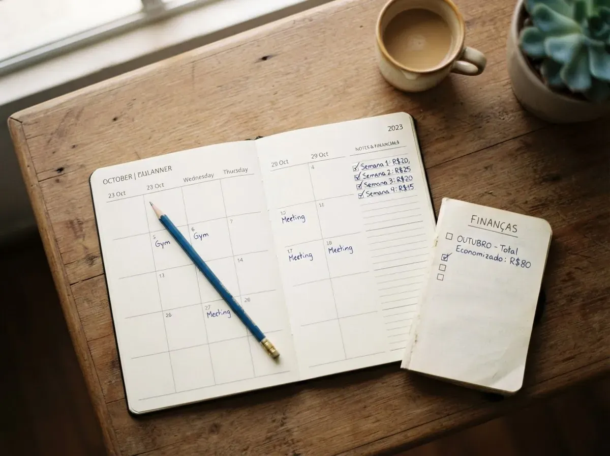 Calendário aberto sobre mesa de madeira com valores semanais anotados à mão, lápis e caderno de totais.