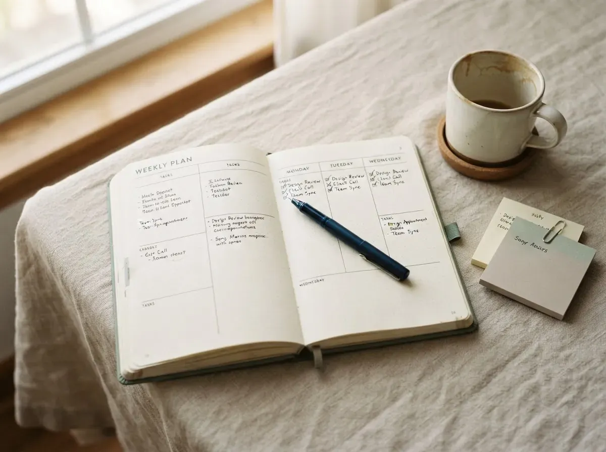 Caderno de planejamento aberto com caneta sobre três seções distintas, xícara de café e adesivos ao lado.