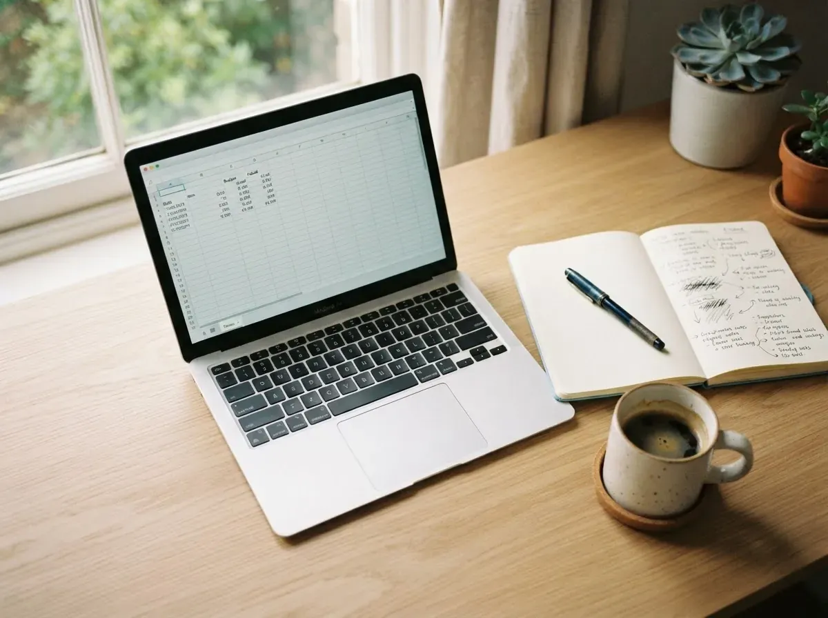 Notebook aberto com planilha simples ao lado de anotações e caneta em mesa de home office, mostrando o ajuste mensal de orçamento