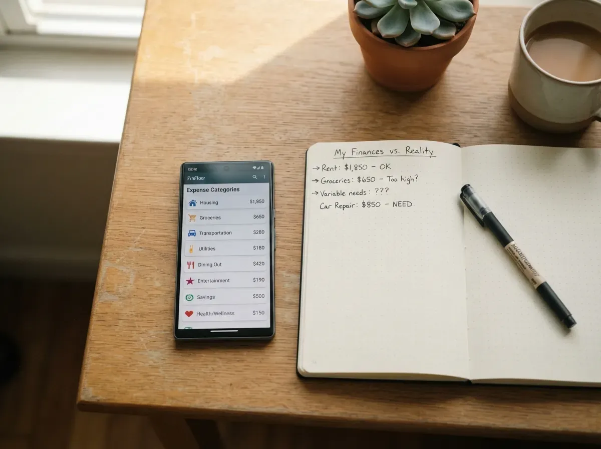 Tela de smartphone exibindo categorias padrão de aplicativo financeiro, com notebook e caneta ao lado em mesa de escritório