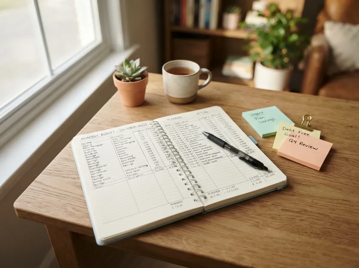 Notebook aberto com planilha e blocos de anotação em mesa de escritório, representando planejamento de redução de dívida