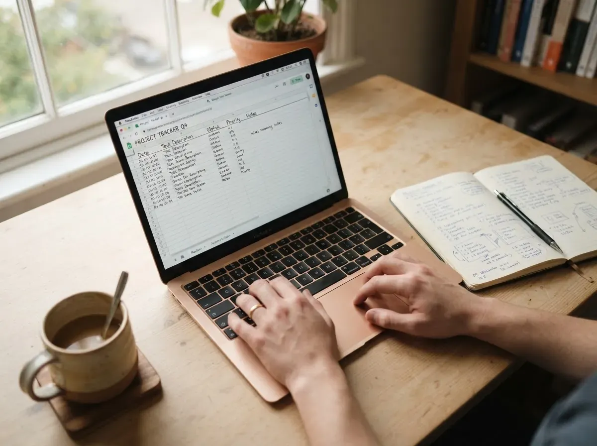 Planilha aberta no notebook mostrando colunas customizadas com anotações manuscritas, xícara de café ao fundo, vista parcial de mãos posicionadas sobre teclado