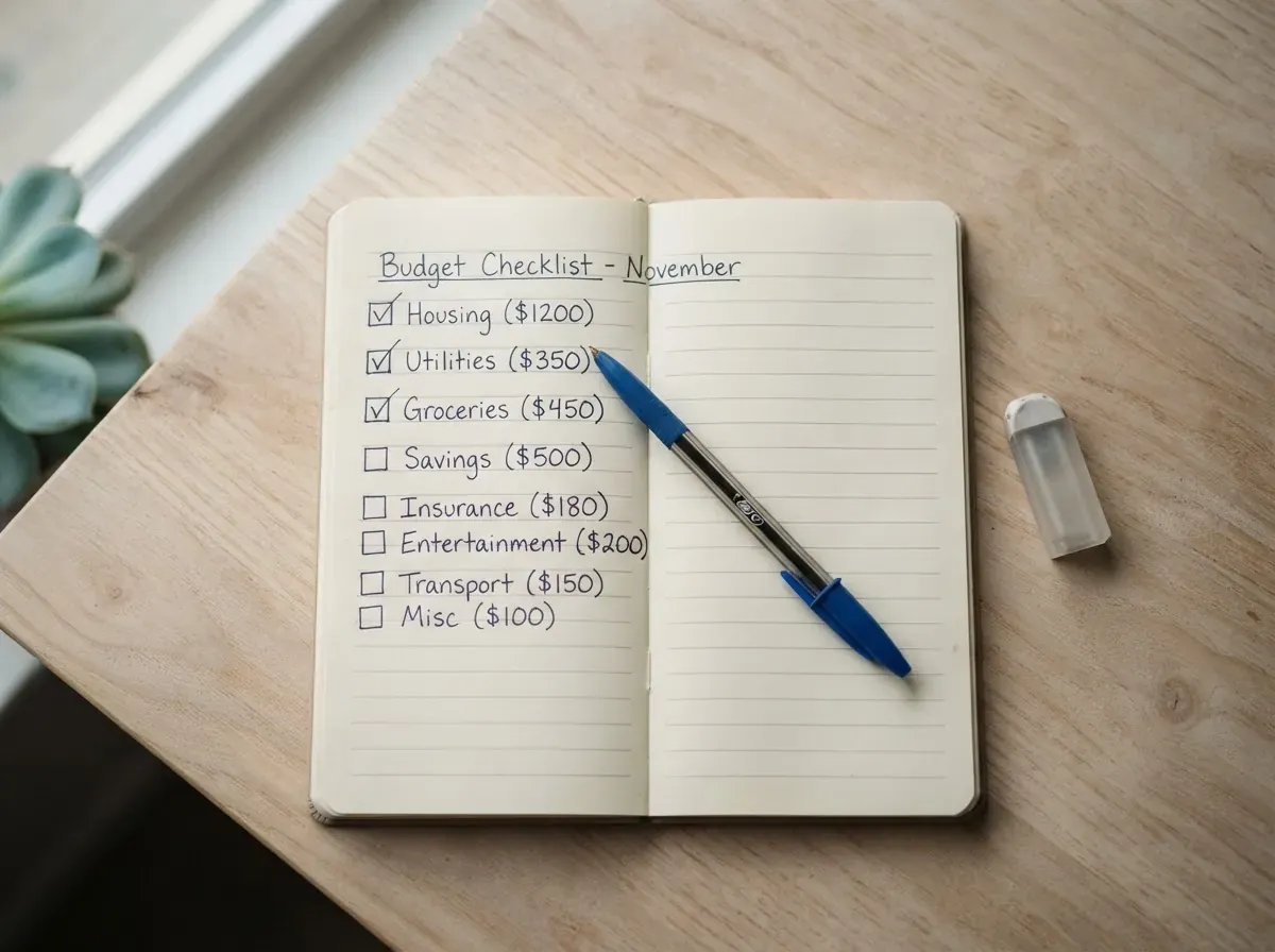 Notebook com lista de categorias de gastos parcialmente marcadas com caneta em mesa de madeira, vista superior