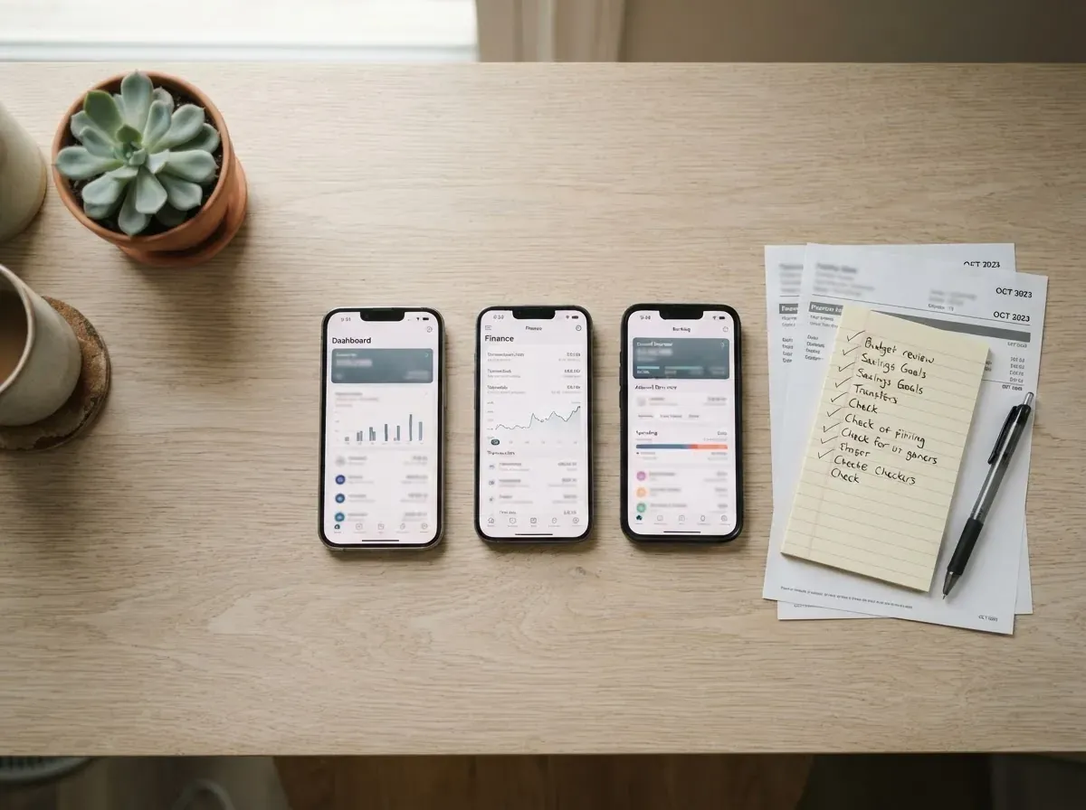 Vários smartphones sobre mesa organizada mostrando interfaces de apps bancários, documentos financeiros e notas de acompanhamento.