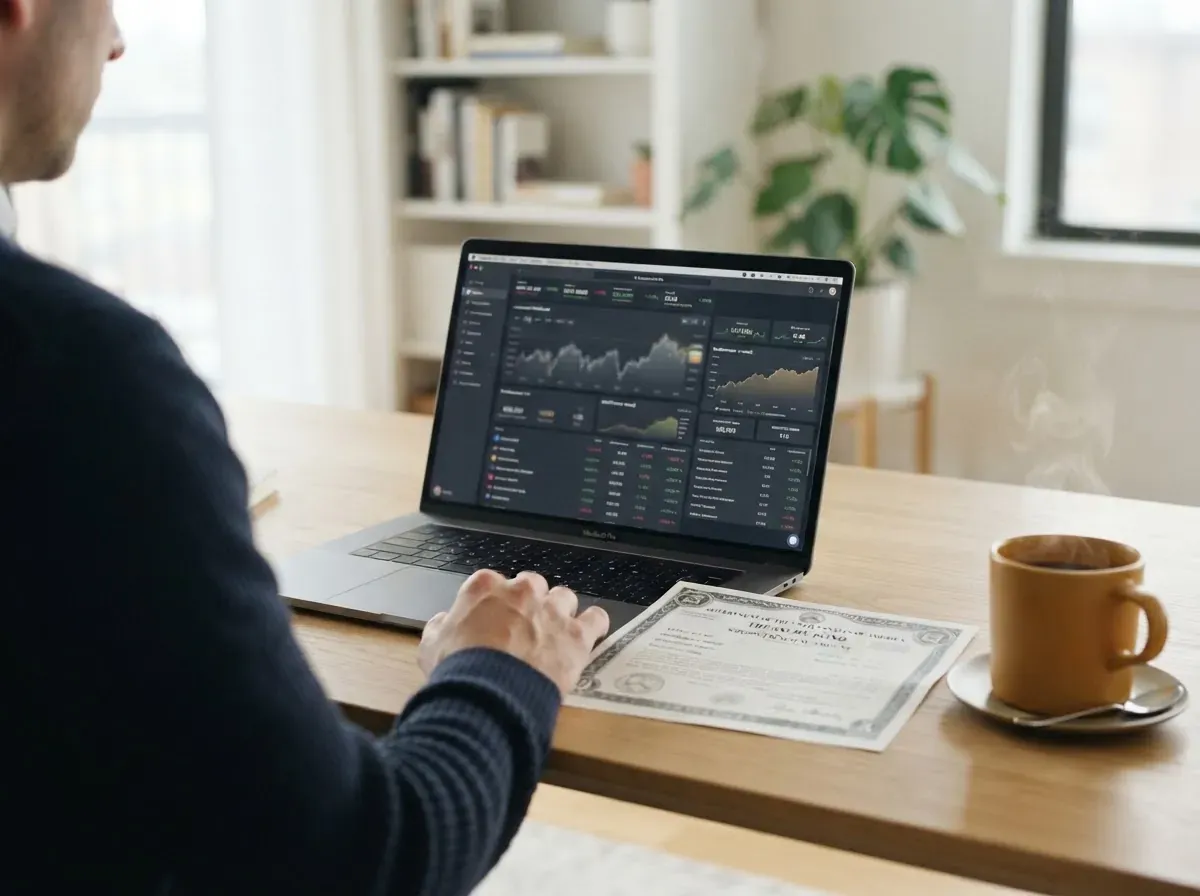 Laptop aberto mostrando gráfico de investimento e portal de Tesouro Direto, com café e documentos sobre mesa de trabalho.