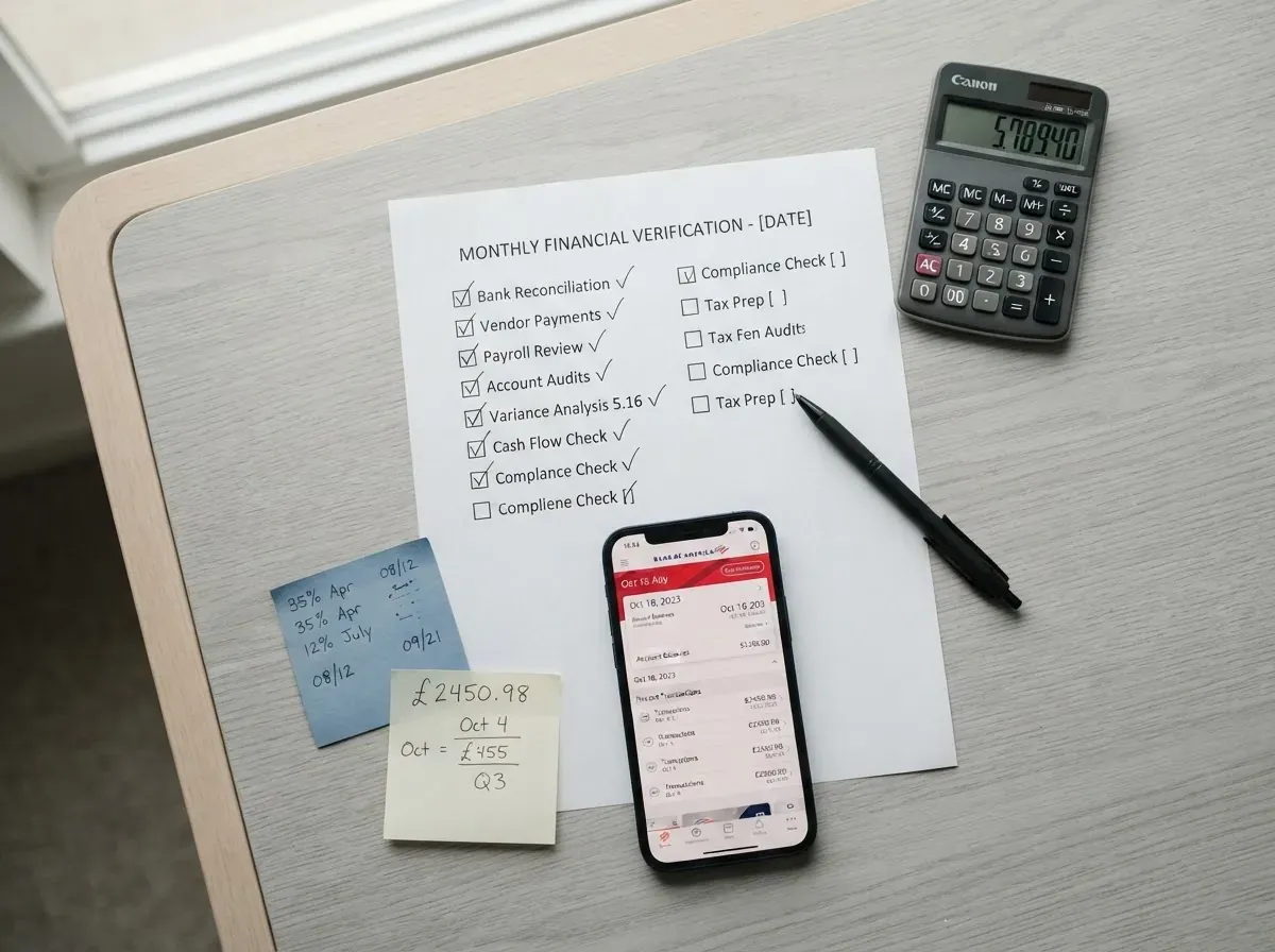 Checklist impresso e smartphone sobre mesa, com caneta e notas de verificação, revisão de reserva e aplicações.