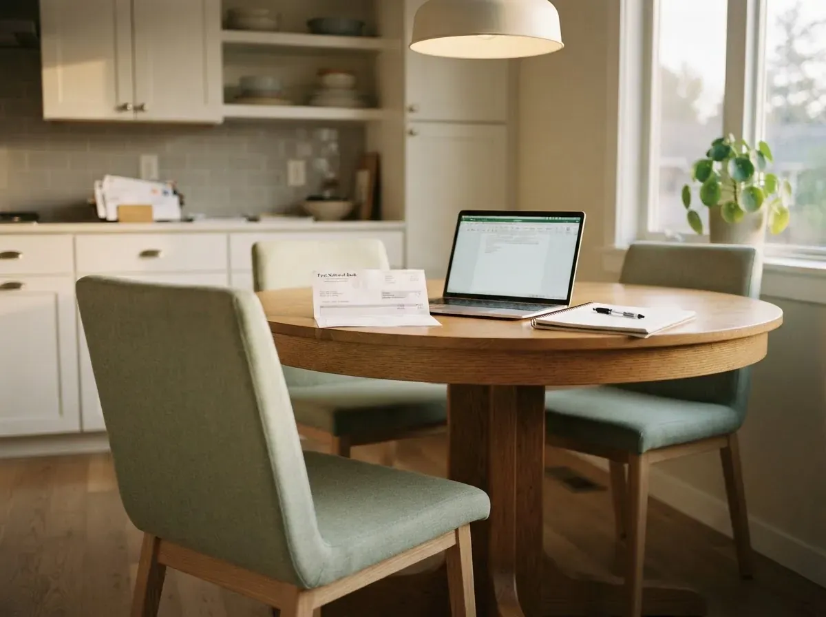 Two chairs at kitchen table with laptop, bank statement, notebook and pen, soft evening light emphasizing empty third seat